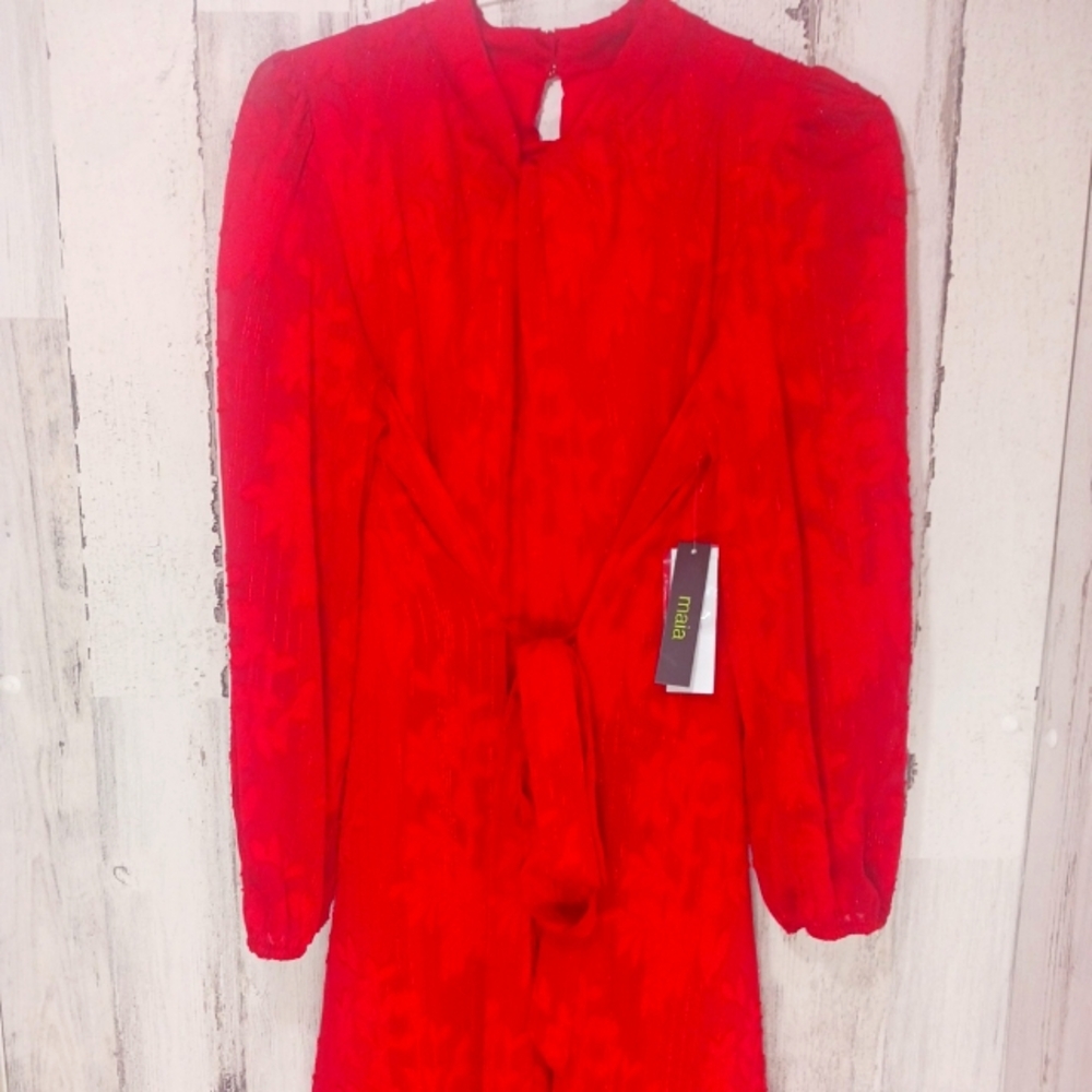 Maia Dress Red Tie Belt Long Sleeves Knee Length Size 12 NWT